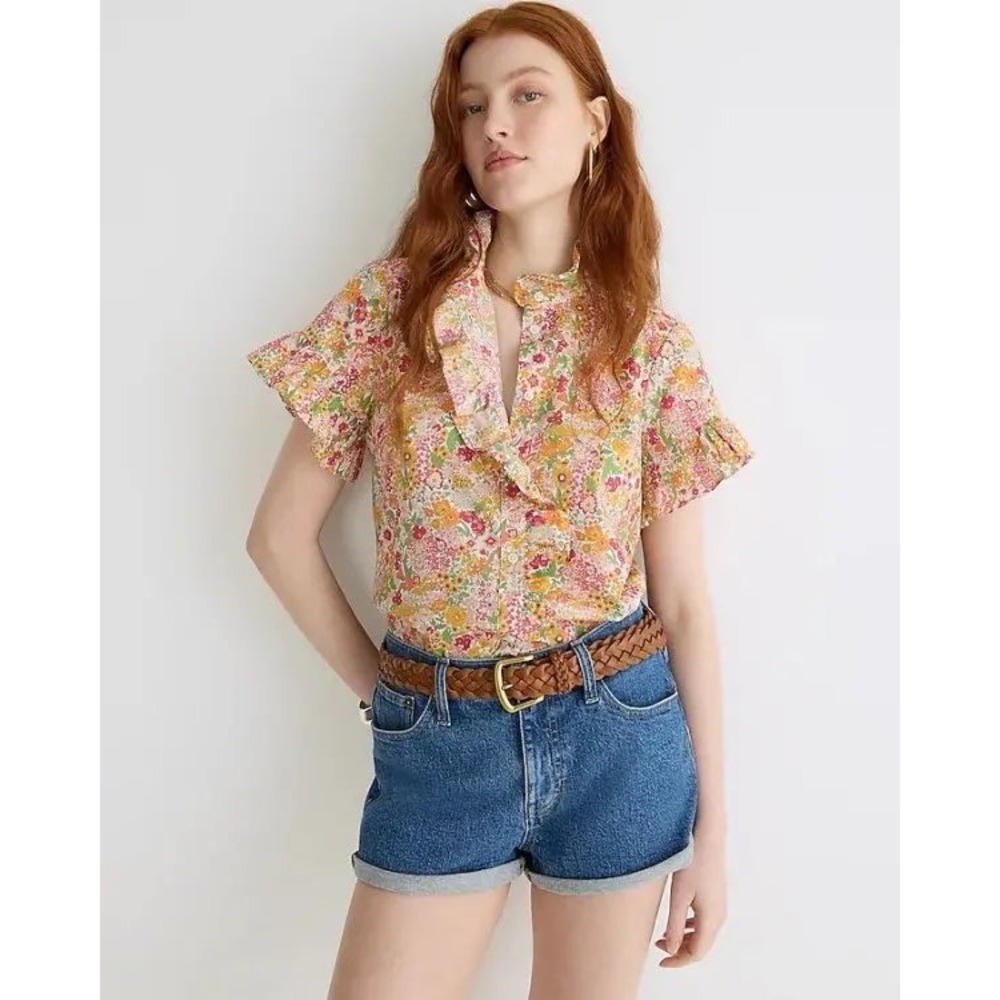 J.Crew Liberty Fabric Floral Ruffle Neck Short Sleeve Shirt Size 2 Multi-Color